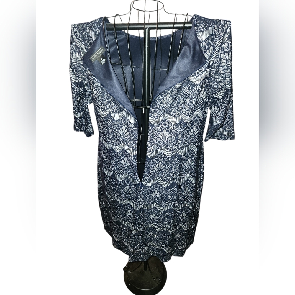 Jessica Howard Elegant Navy Blue  Shimmering Lace Sheath Dress From Macy's - Picture 4 of 16